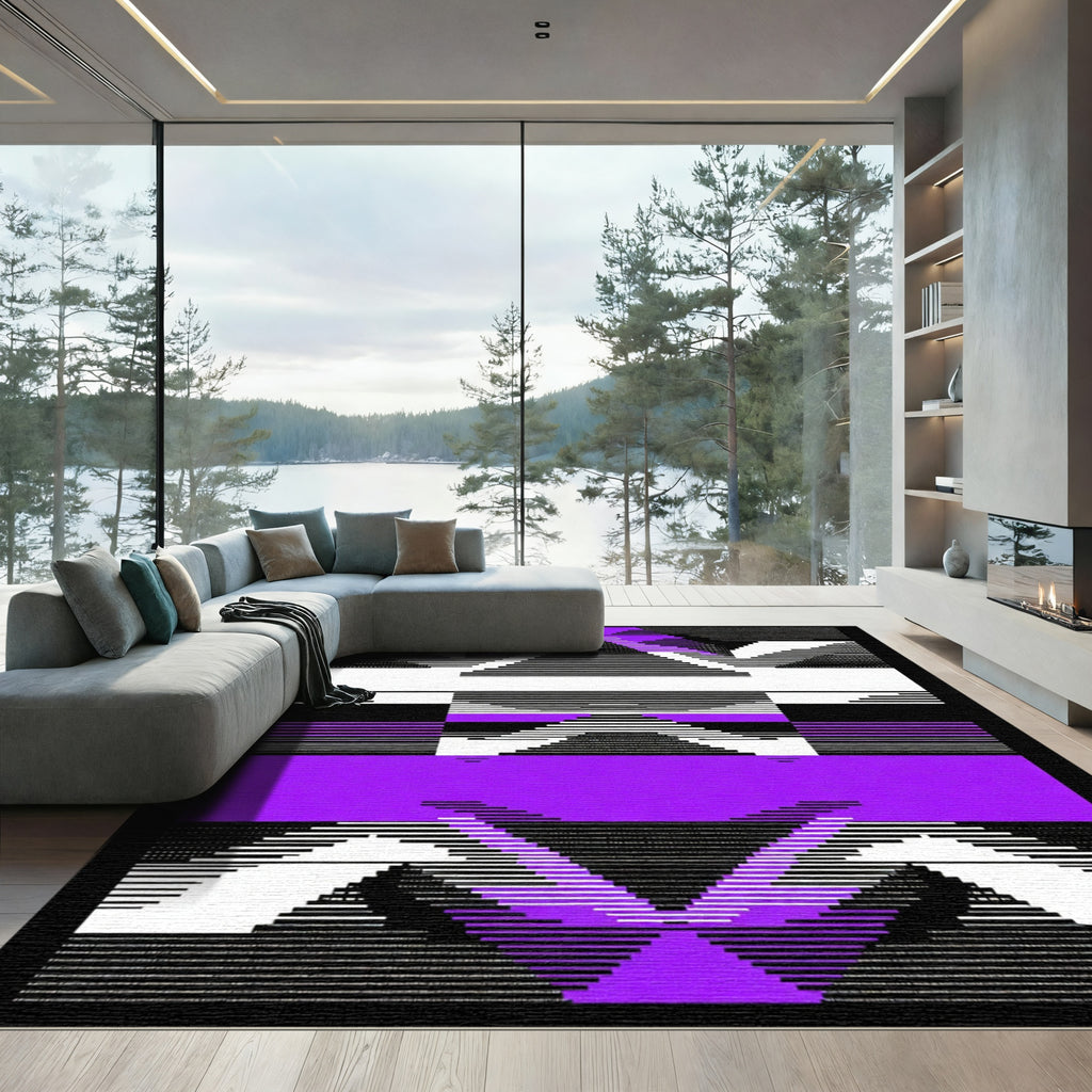 Geometric Abstract Purple Black White Rug