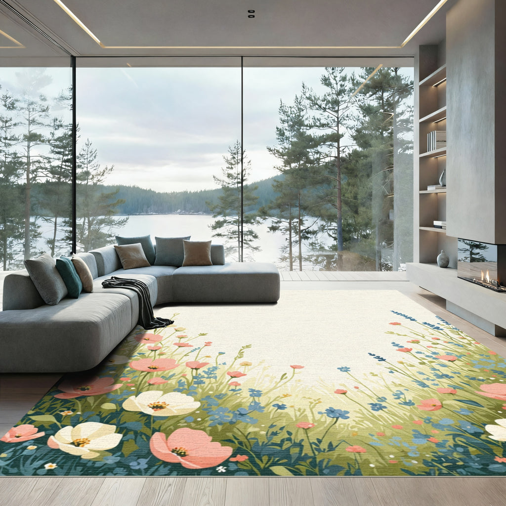 Whimsical Pink Floral Meadow Garden Rug