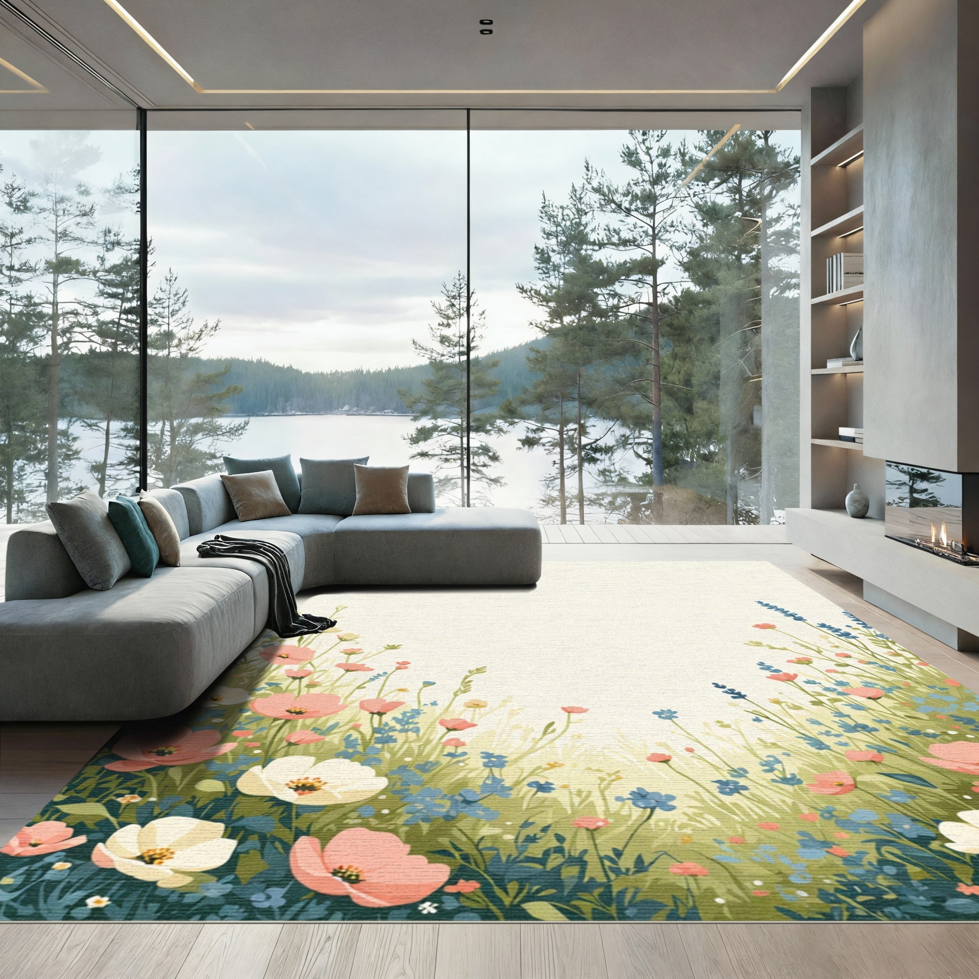 Whimsical Pink Floral Meadow Garden Rug