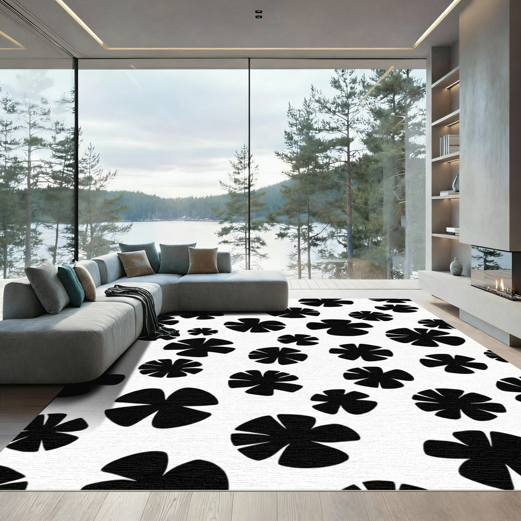 Black White Scattered Petal Rug