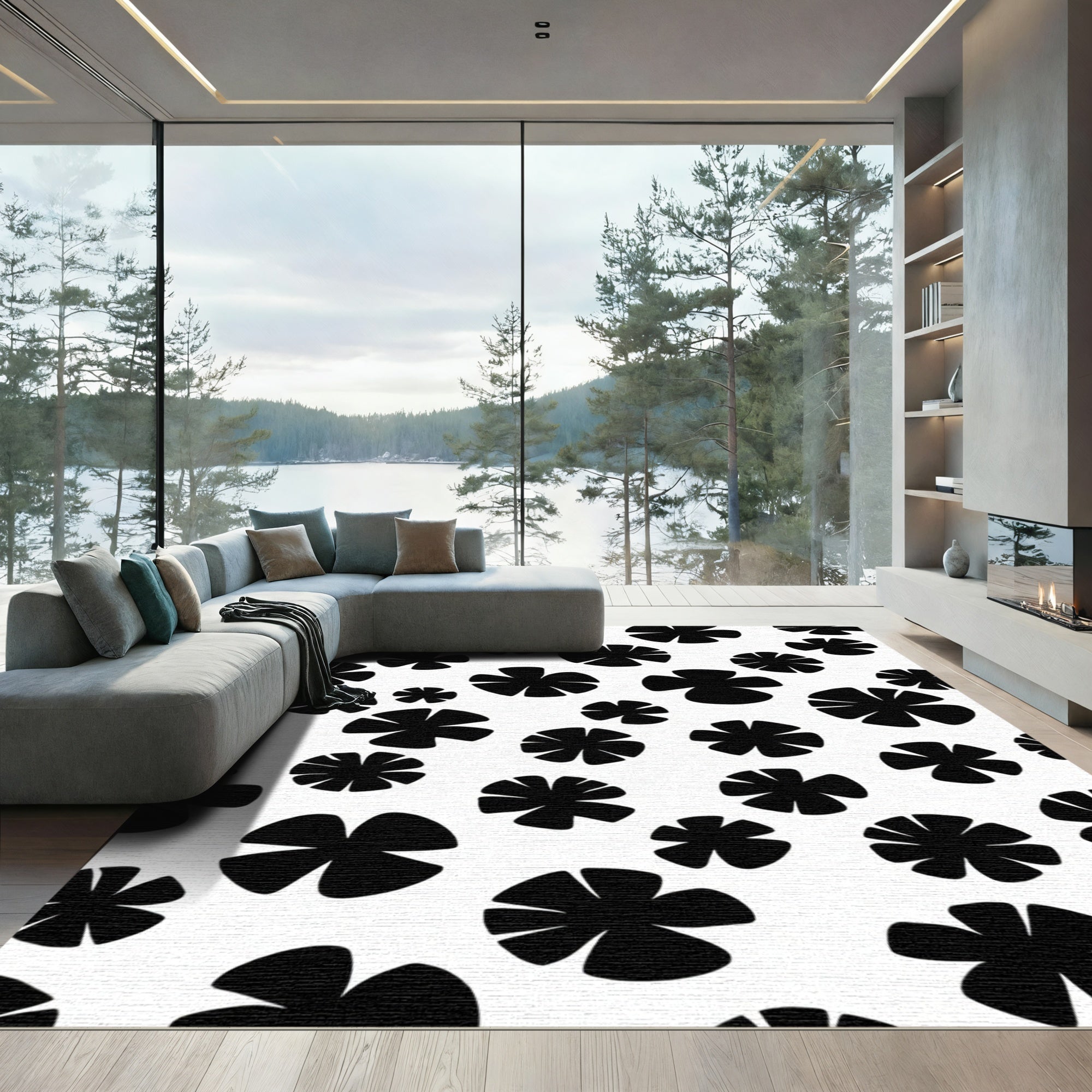 Black White Scattered Petal Rug