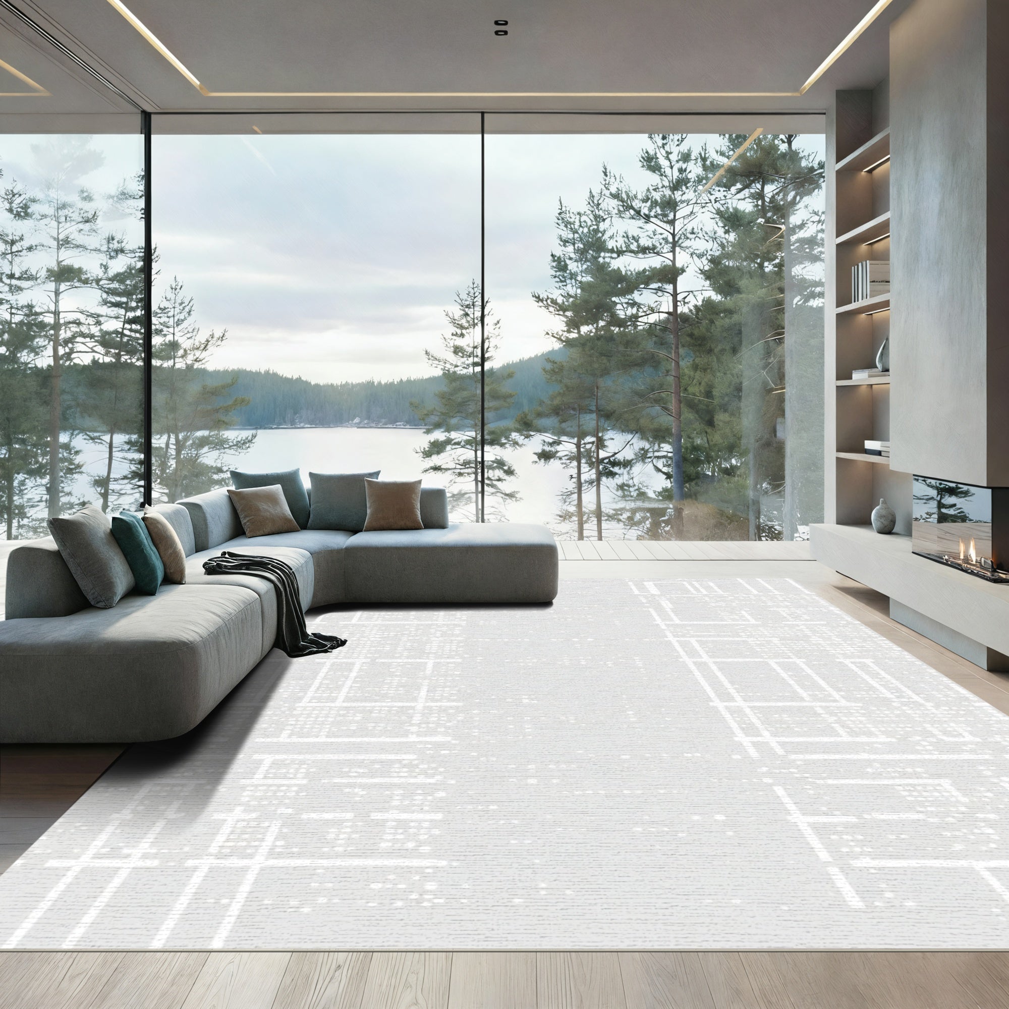 Abstract White Geometric Pixel Grid Rug