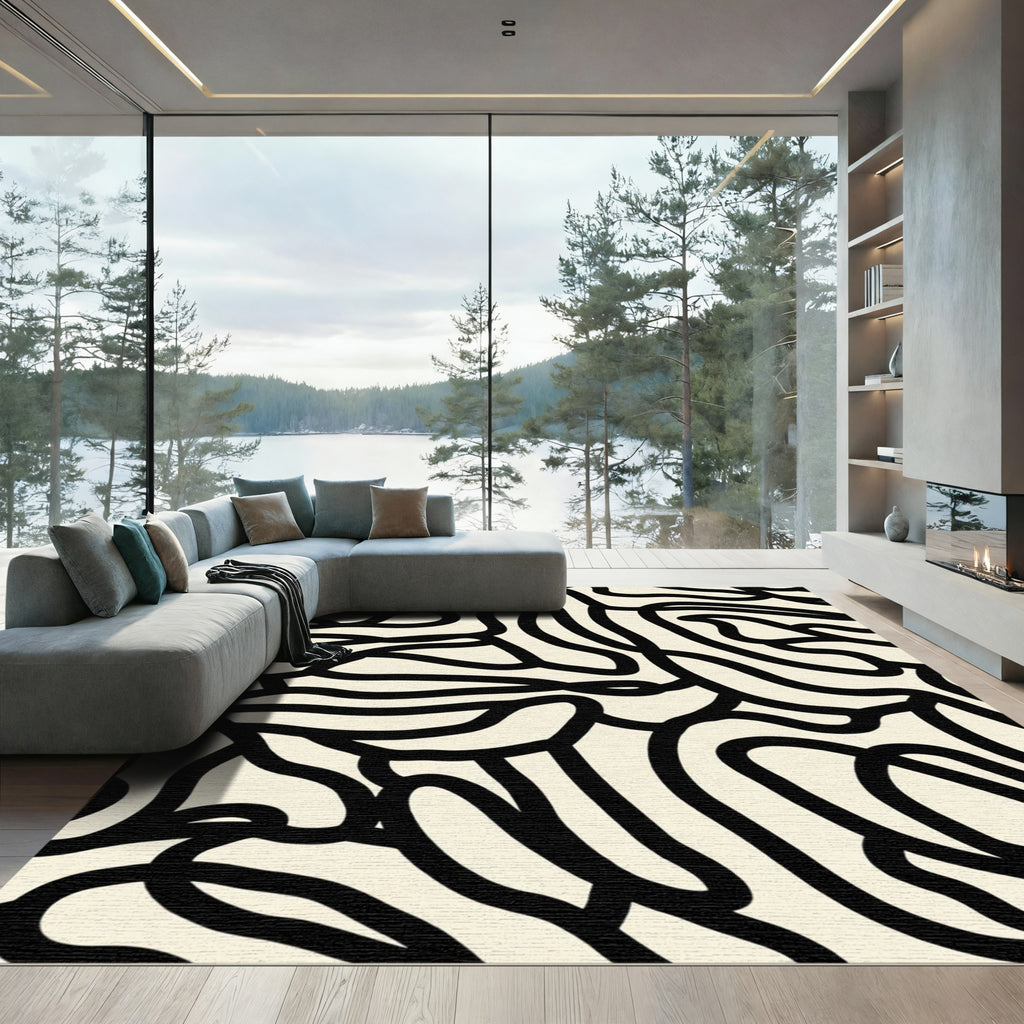 Abstract Black Ivory Organic Flow Rug