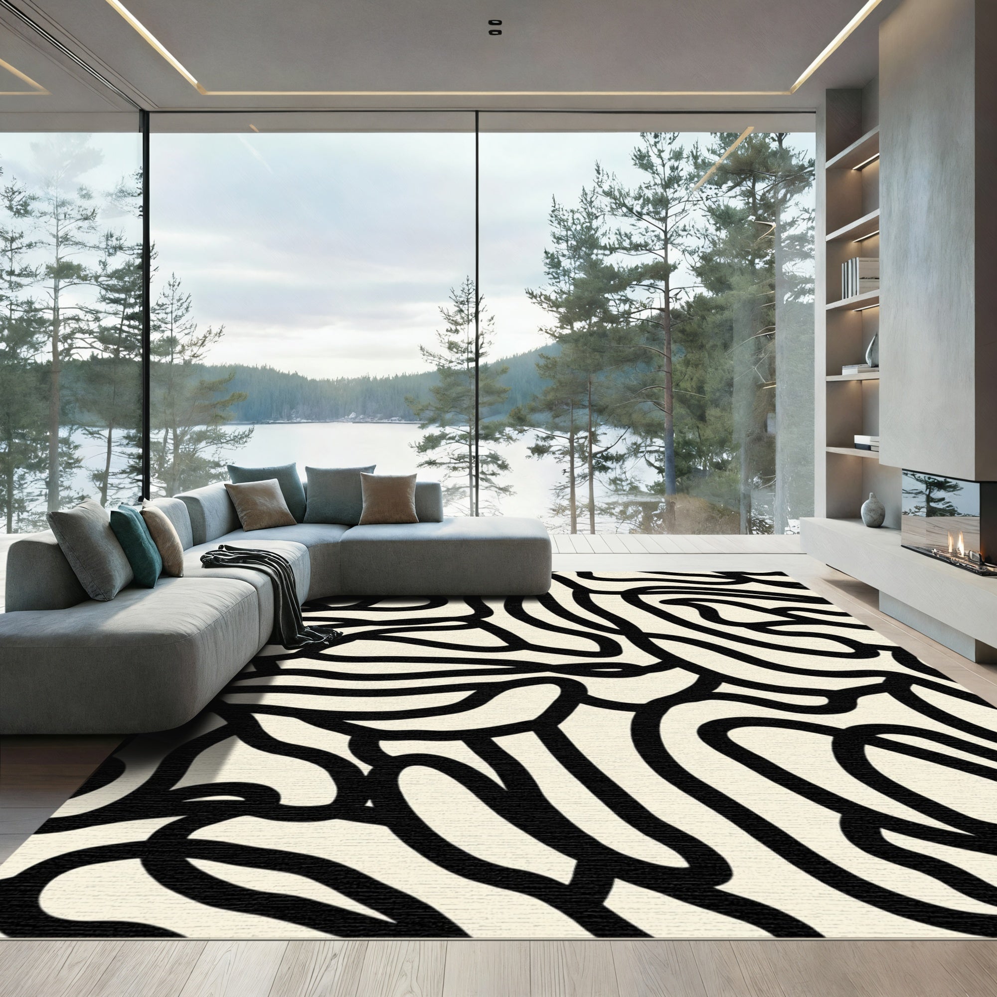 Abstract Black Ivory Organic Flow Rug