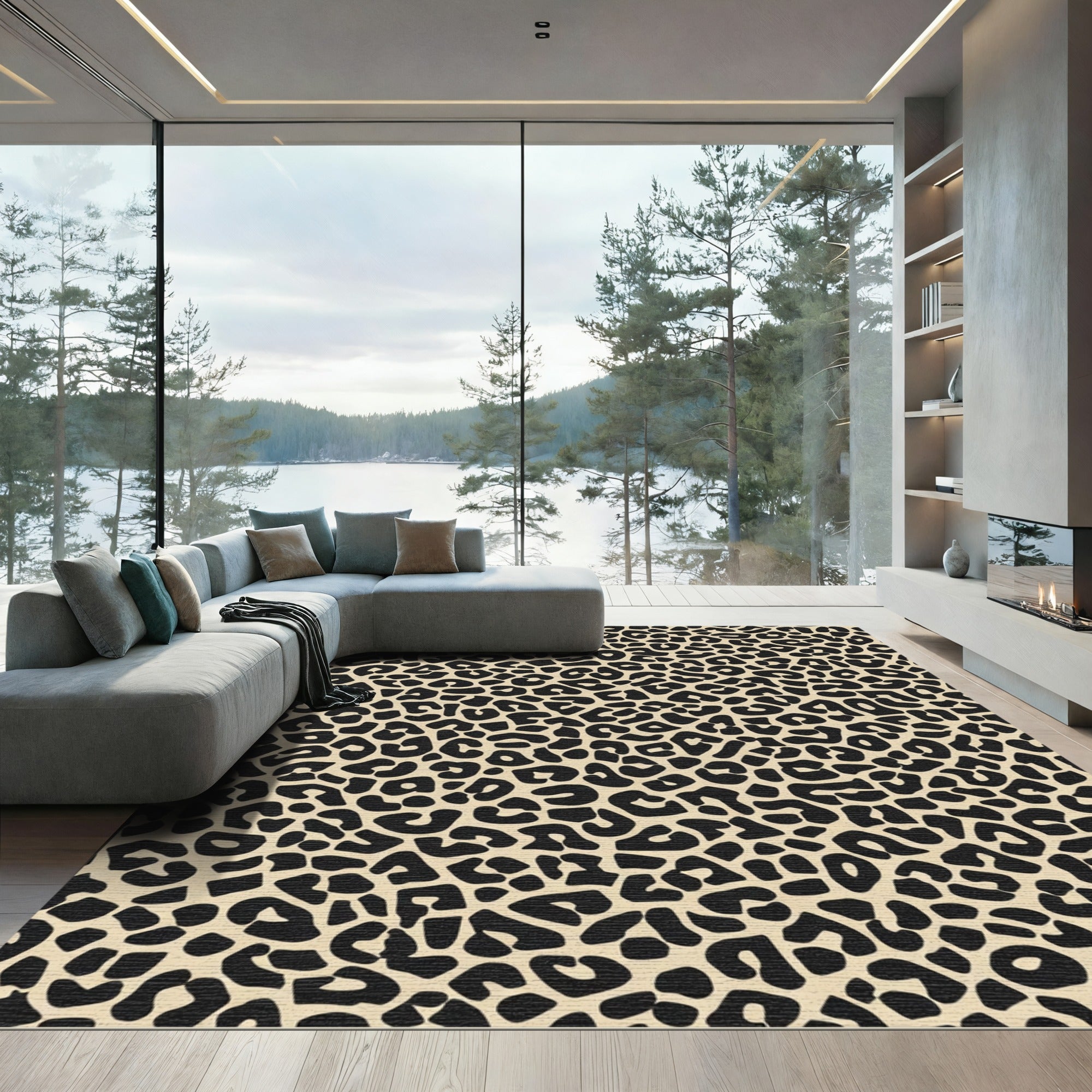 Classic Black Spotted Beige Leopard Rug