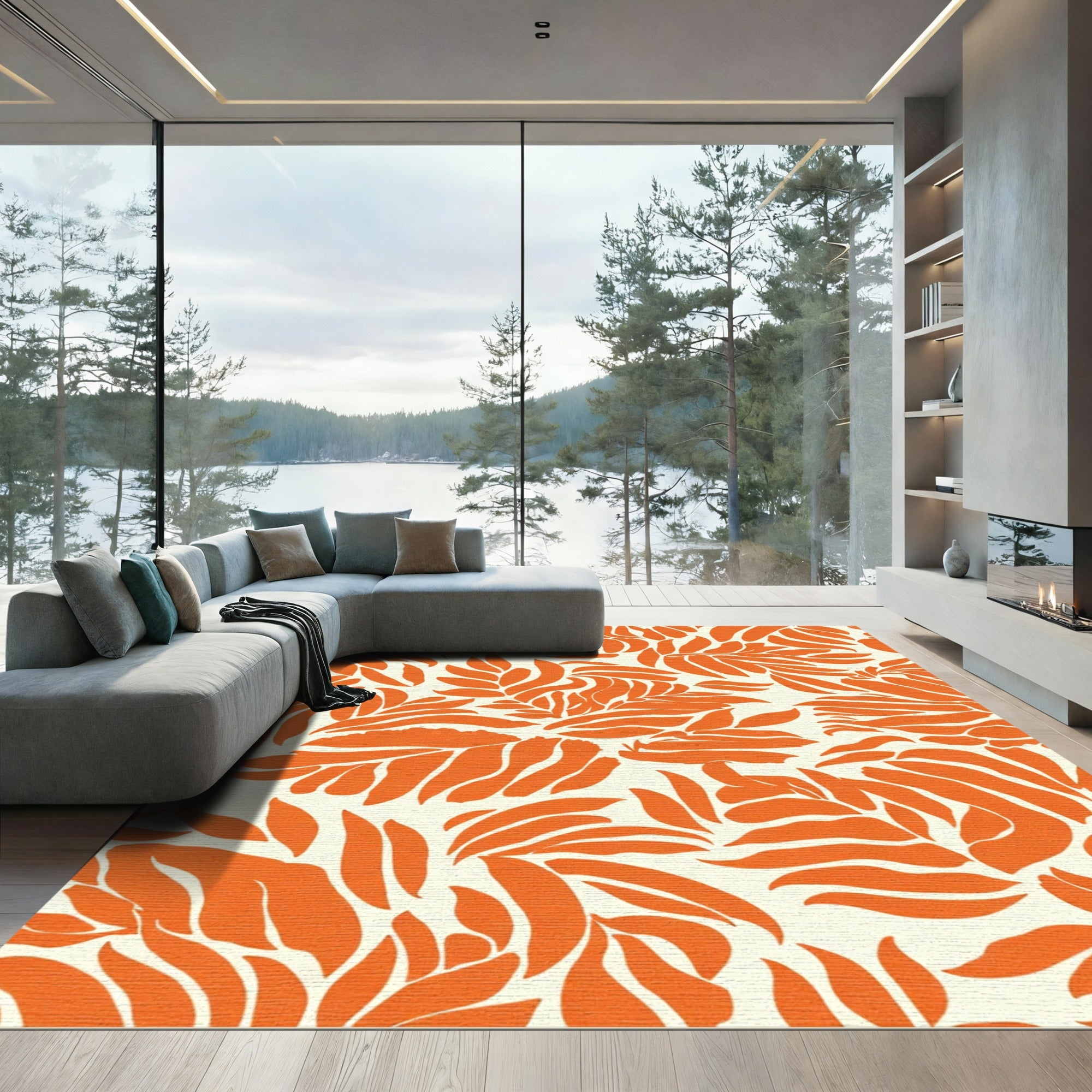 Vibrant Orange Leafy Cascade Rug