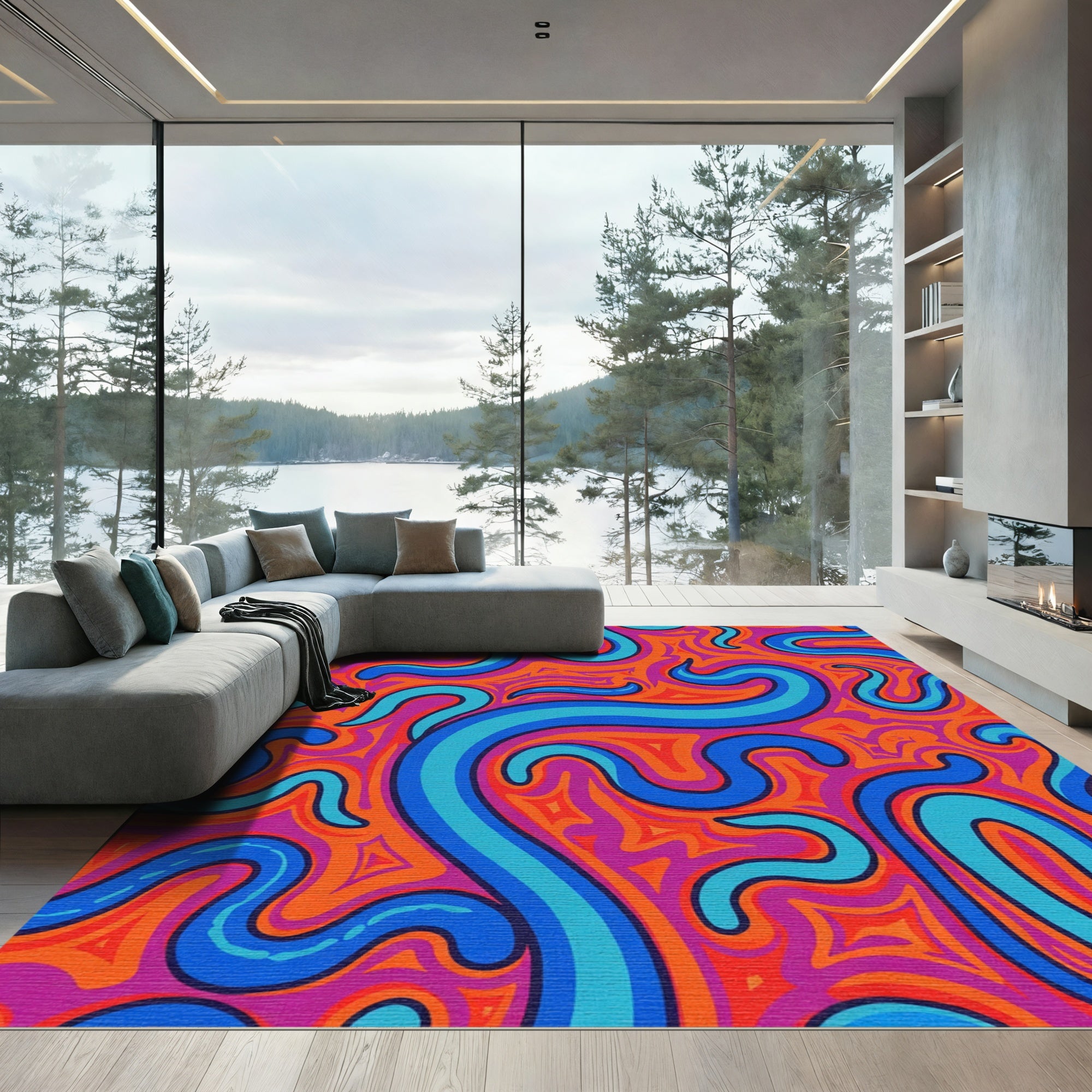 Vibrant Swirls in Orange and Blue Rug