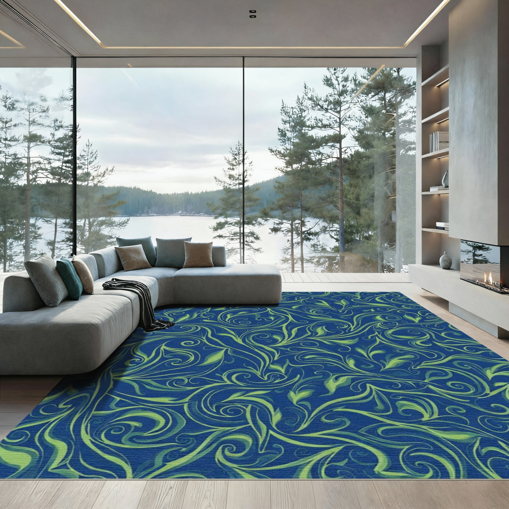 Royal Blue Green Vine Swirl Rug