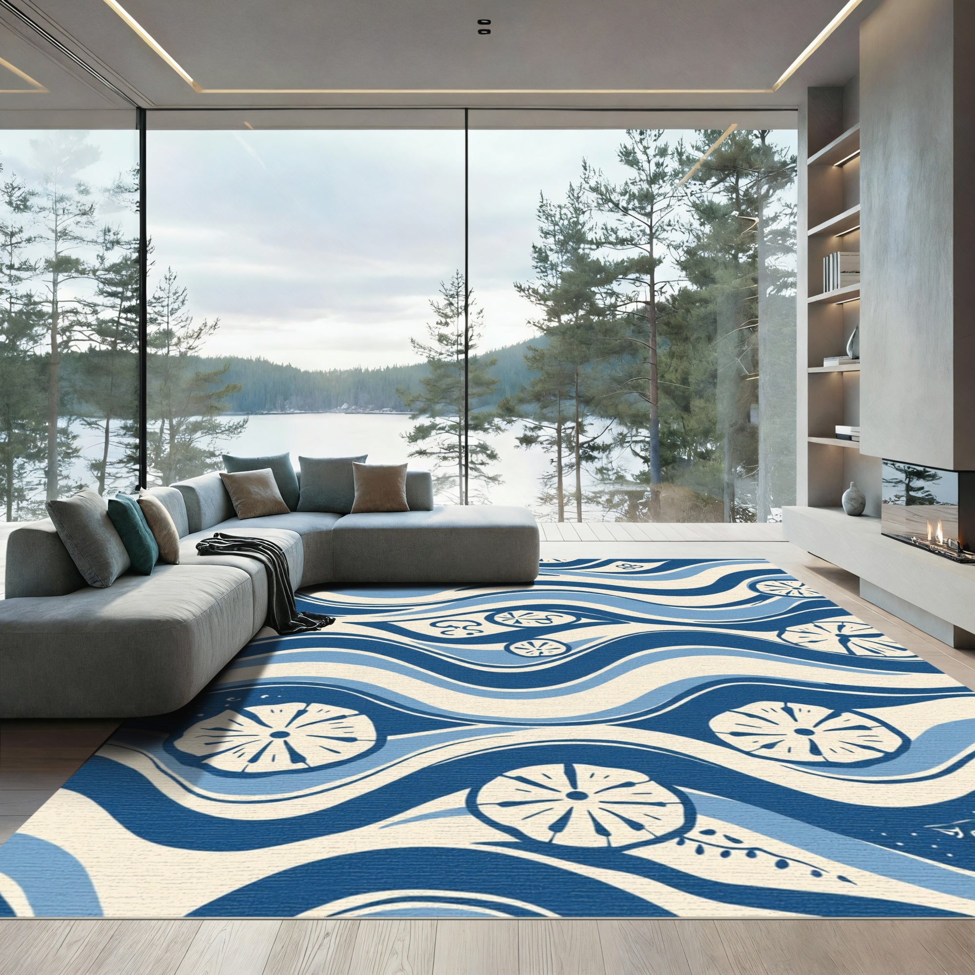 Blue Ivory Wave Floral Rug