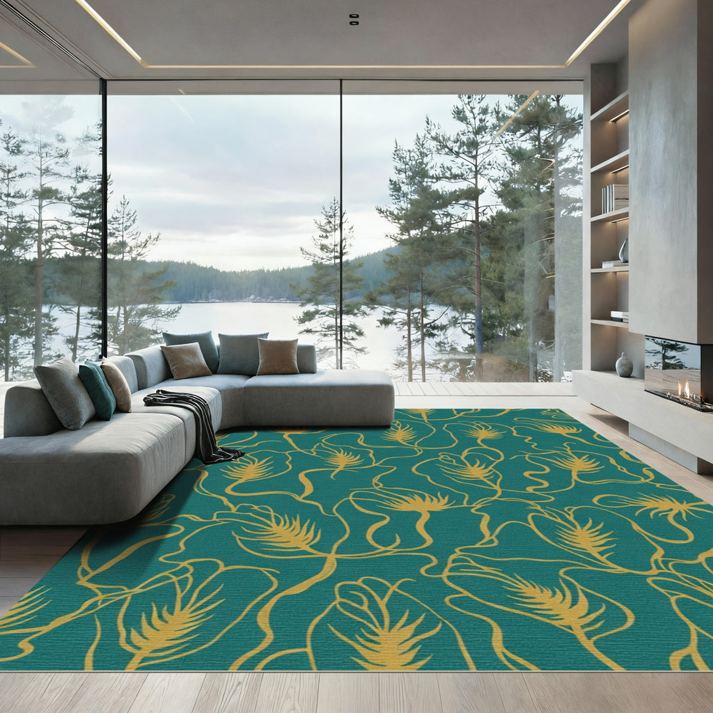 Teal Gold Botanical Vine Rug