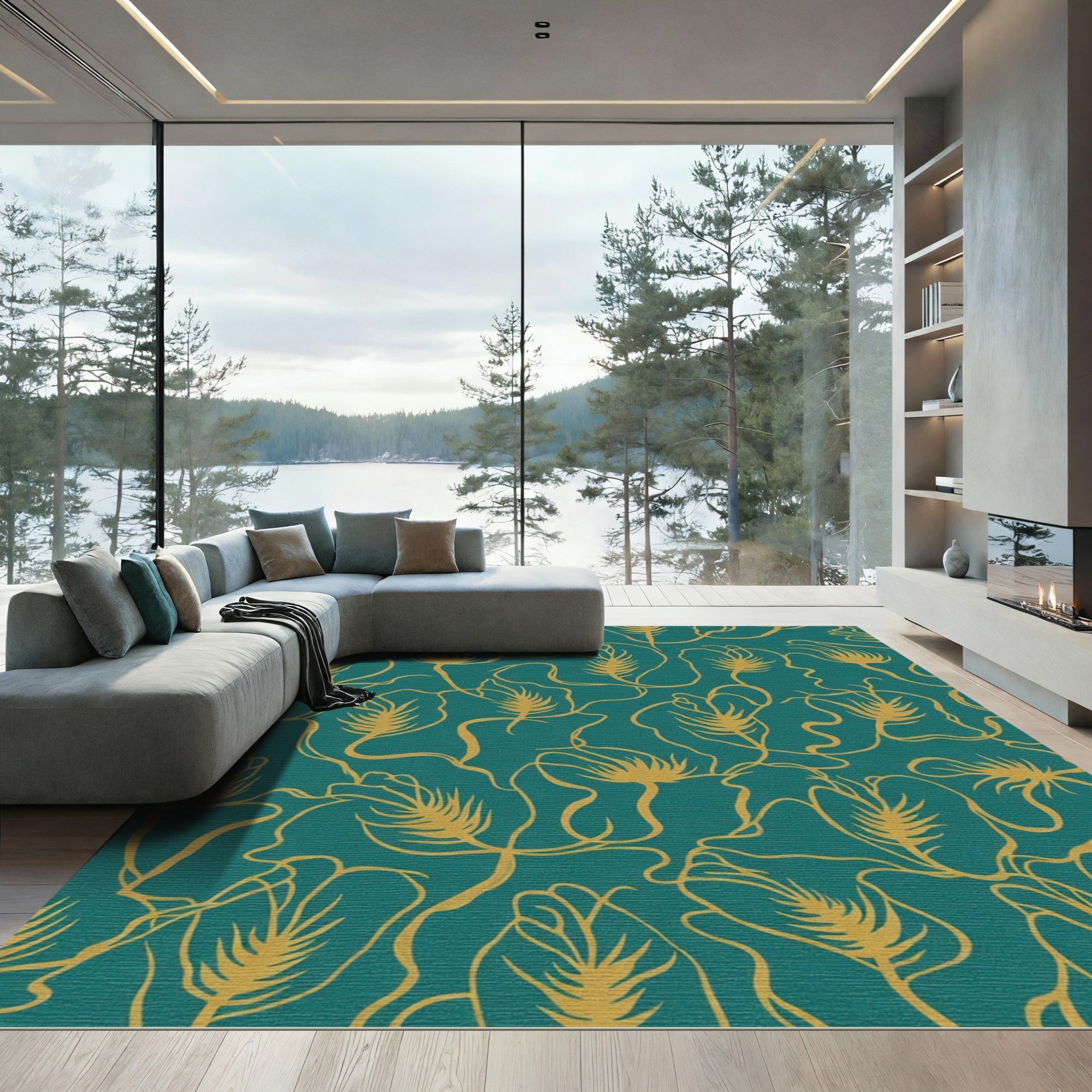 Teal Gold Botanical Vine Rug