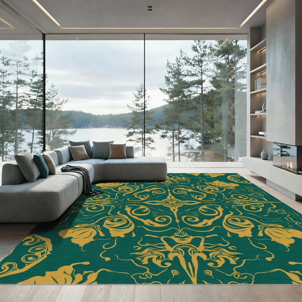 Ornate Gold Floral Scrollwork Emerald Rug