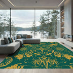 Ornate Gold Floral Scrollwork Emerald Rug