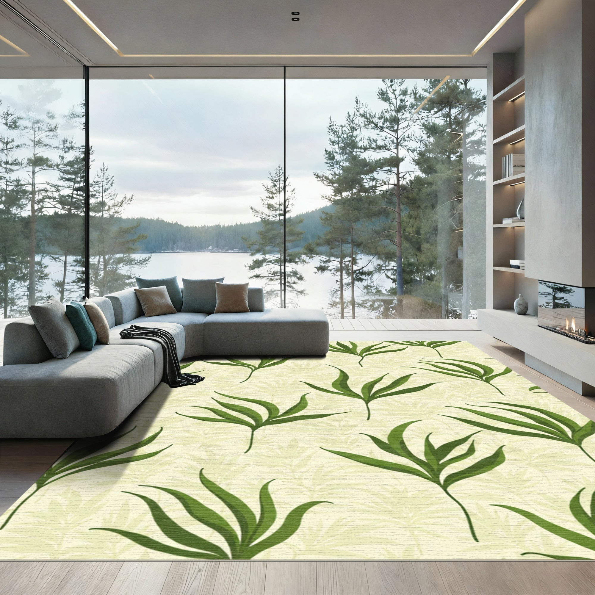 Green Tropical Leaf Pattern Rug