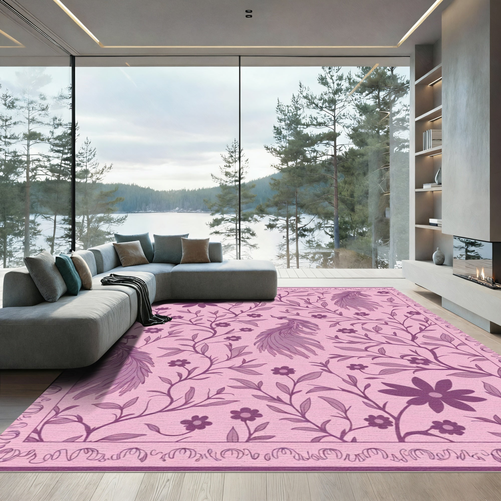 Fuchsia Peacock Floral Vine Border Rug