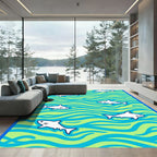 Playful White Sharks Blue Wave Rug