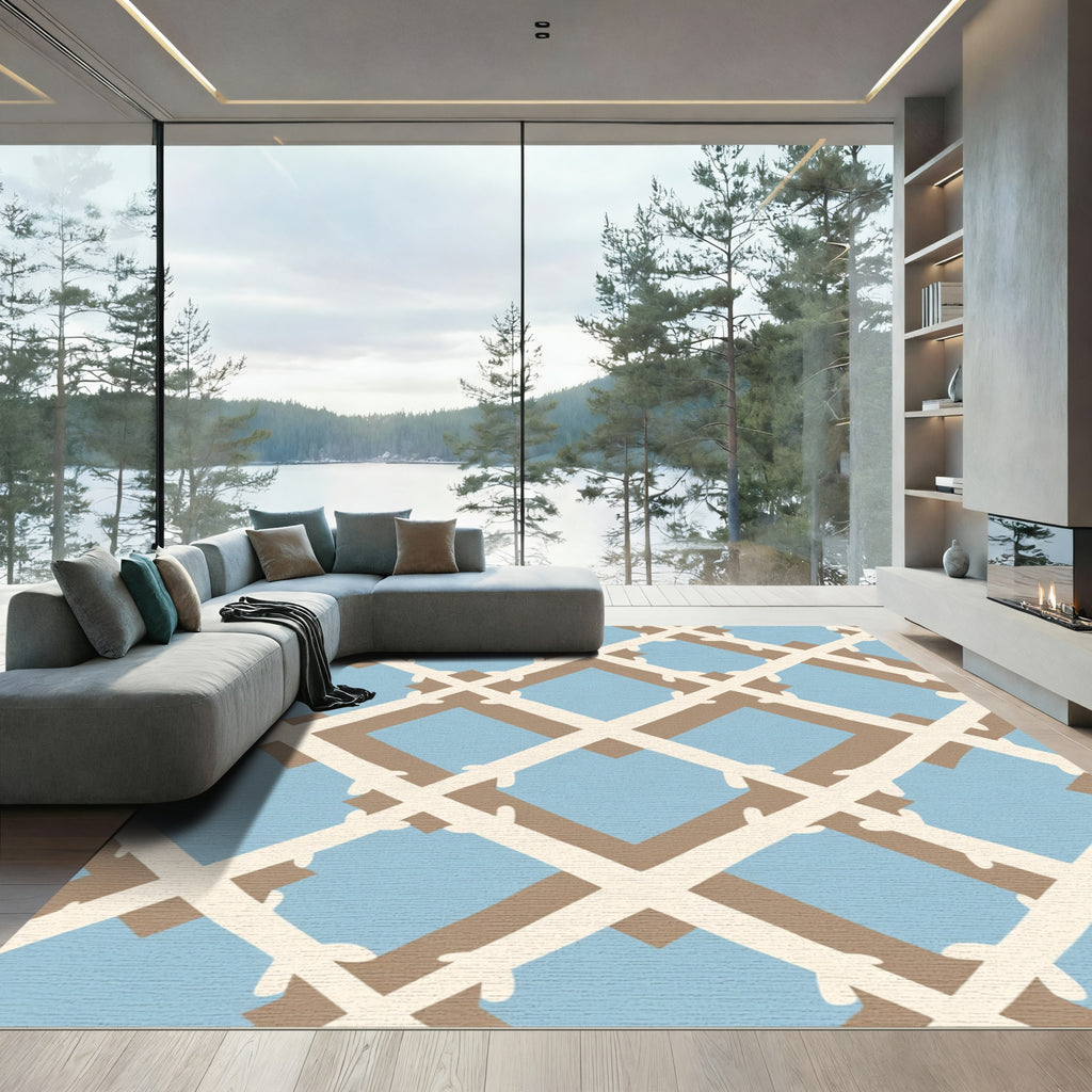 Light Blue Tan Lattice Geometric Rug