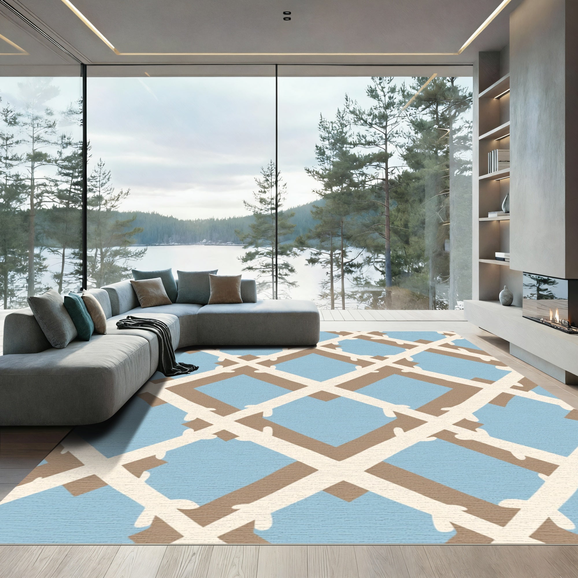 Light Blue Tan Lattice Geometric Rug