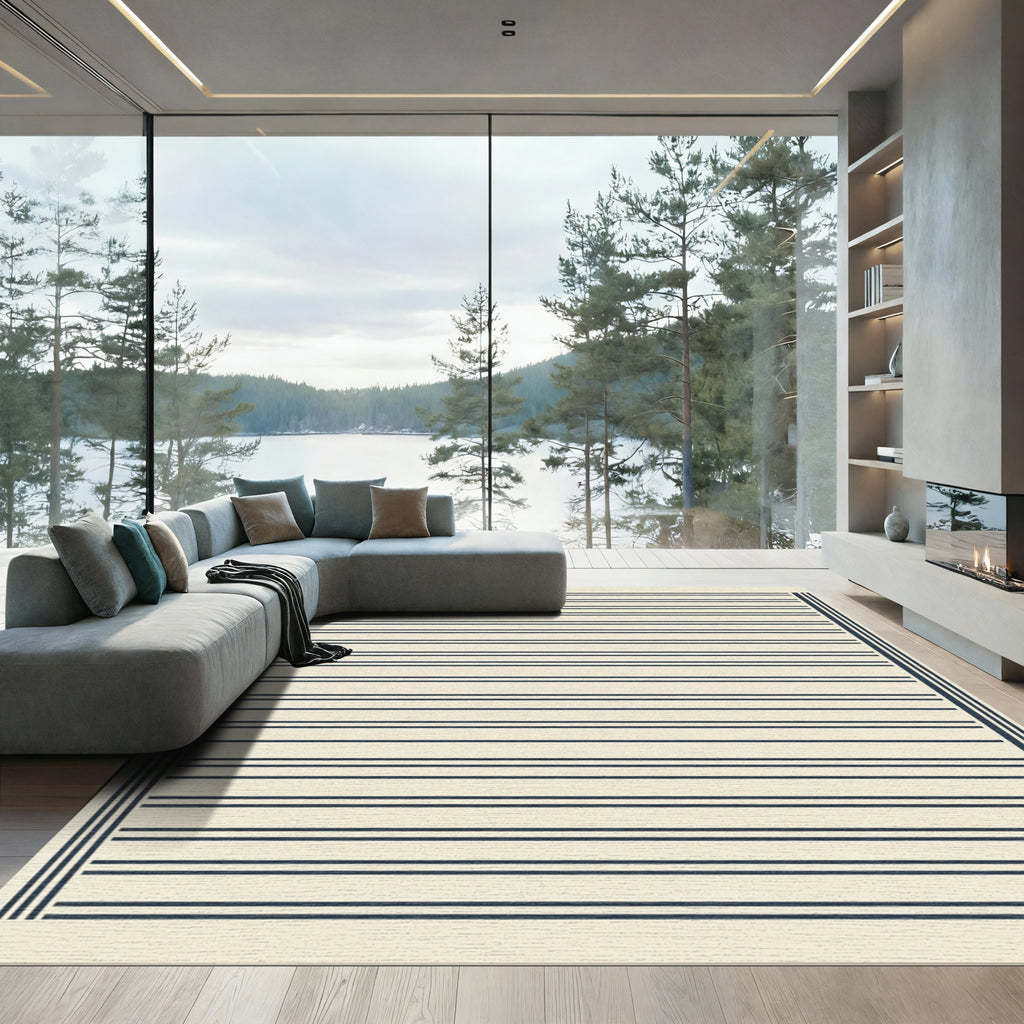 Minimalist Navy Stripe Cream Rug