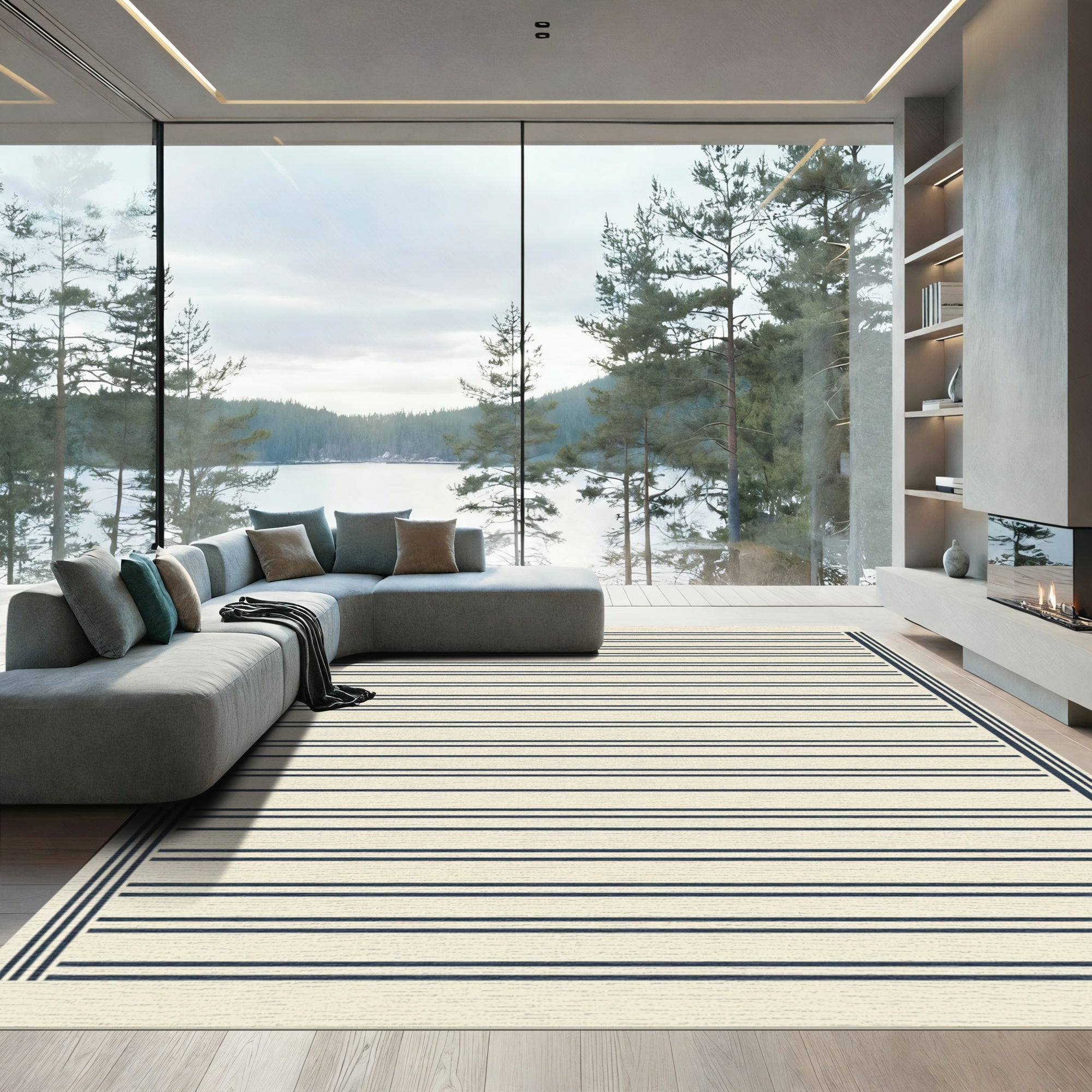 Minimalist Navy Stripe Cream Rug