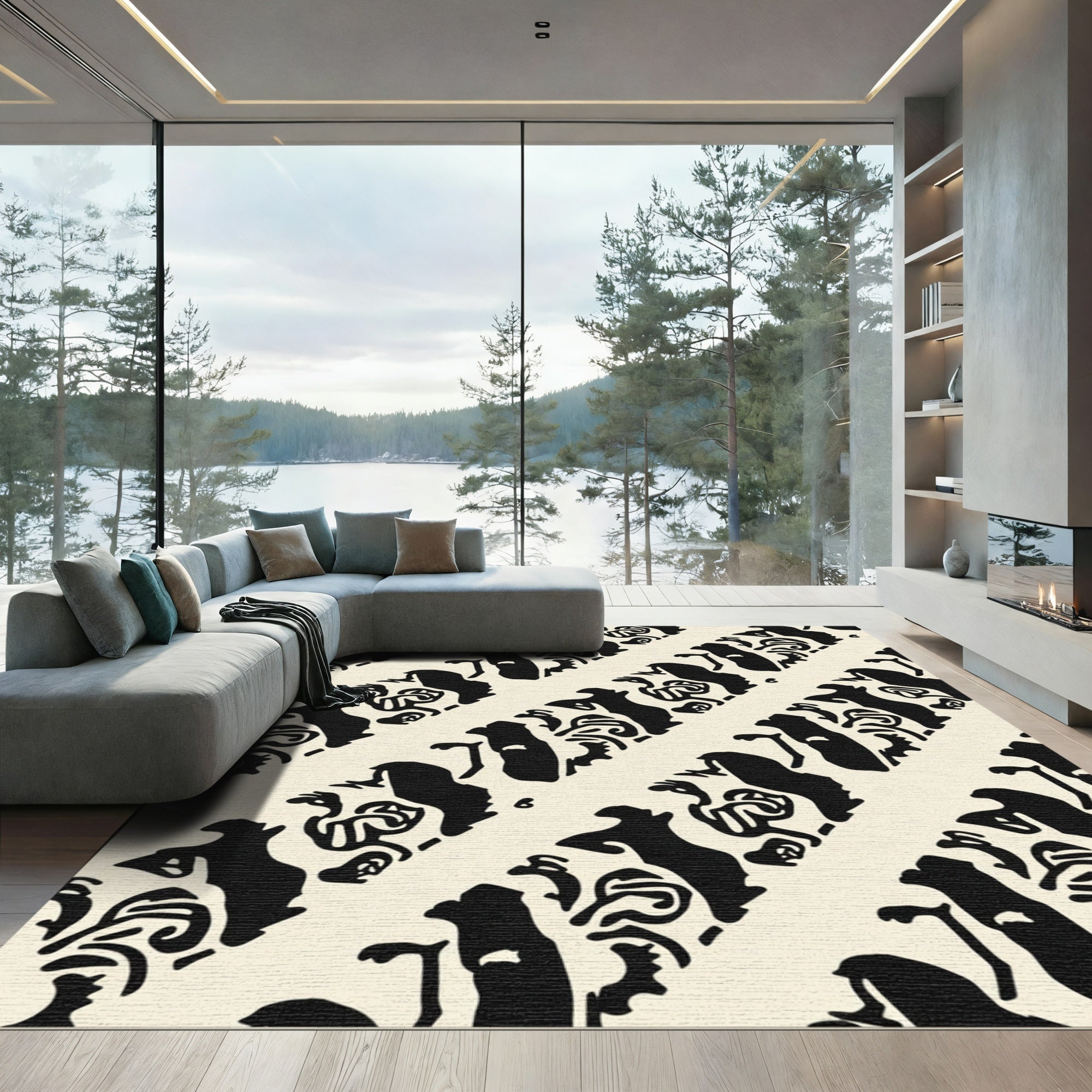 Abstract Black Human Figures Cream Rug