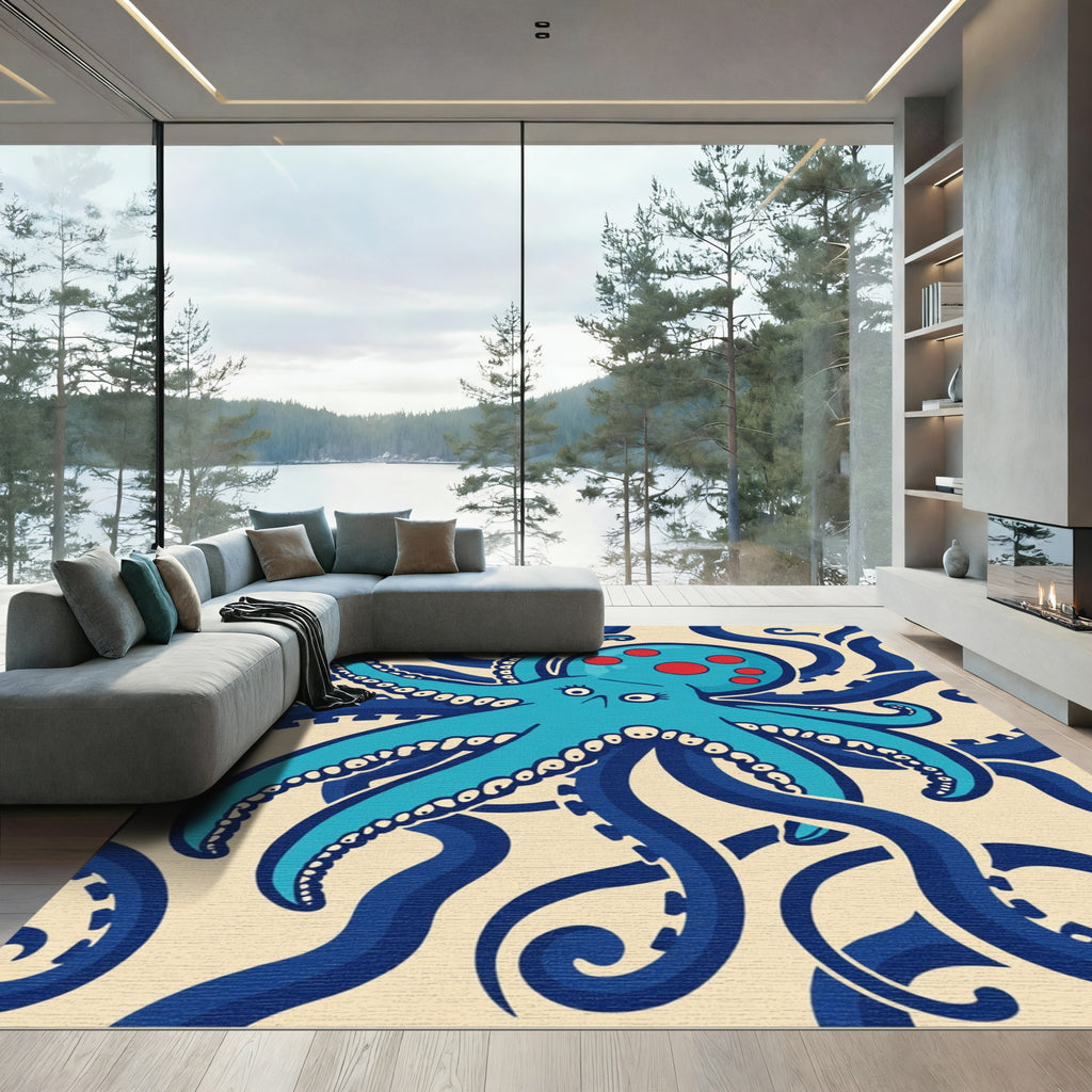 Blue Octopus Red Polka Dot Waves Rug