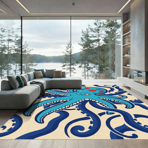Blue Octopus Red Polka Dot Waves Rug