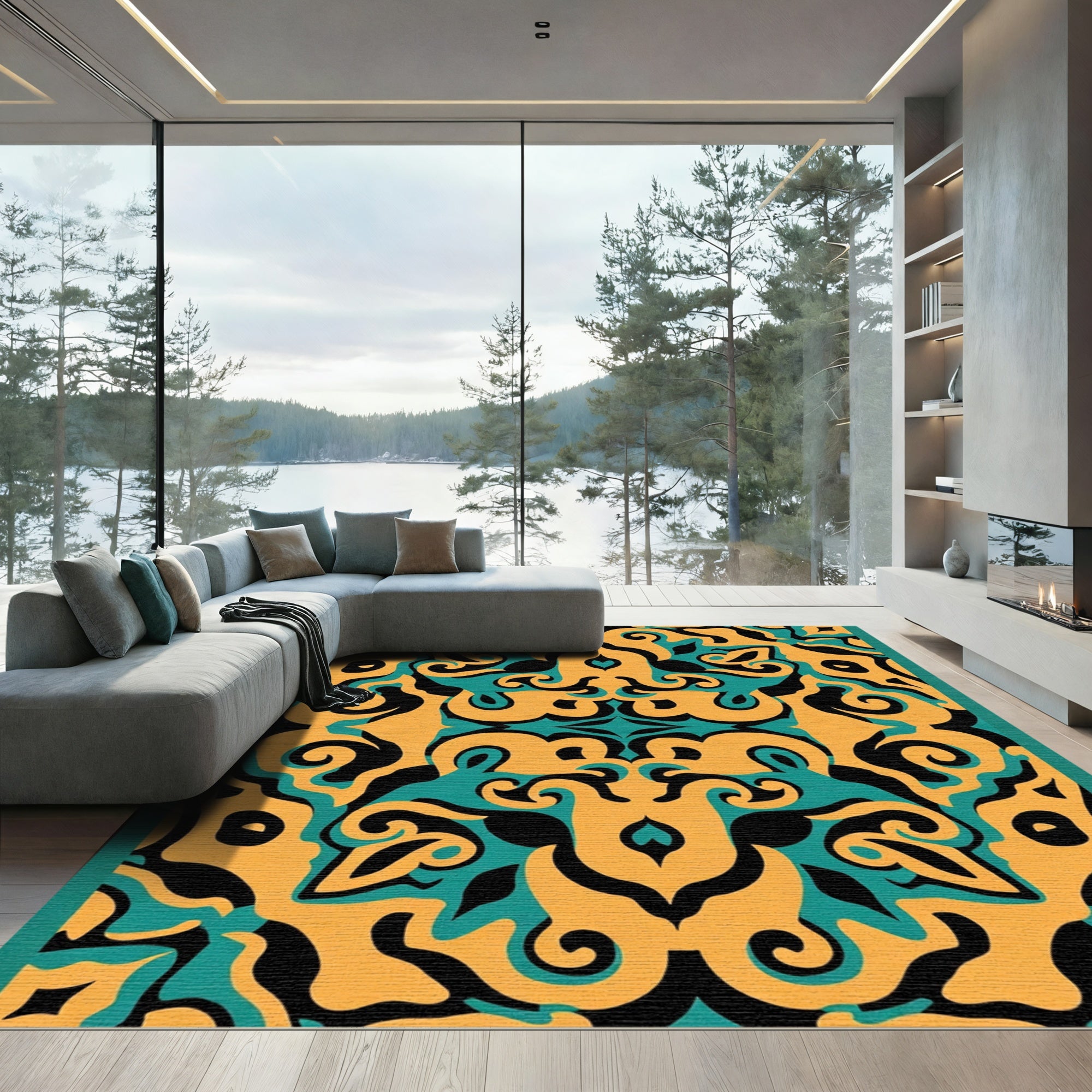 Orange Teal Black Swirling Medallion Rug