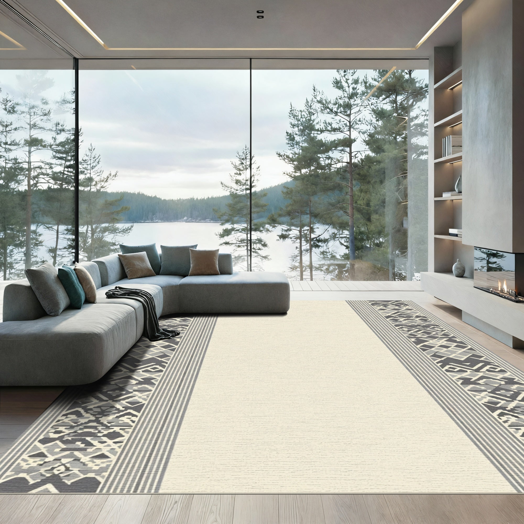Geometric Gray Diamond Stripe Border Rug
