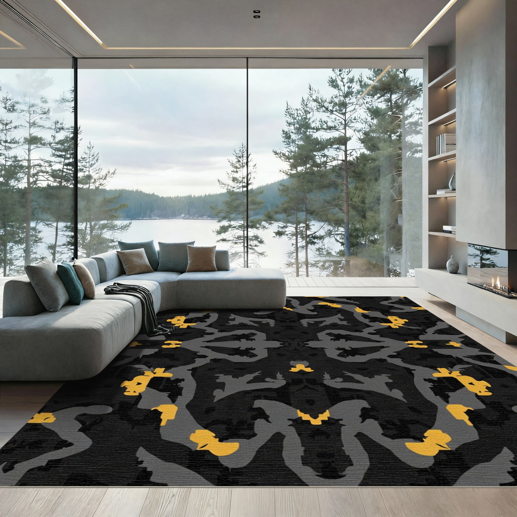 Dark Gray And Gold Abstract Splatter Rug