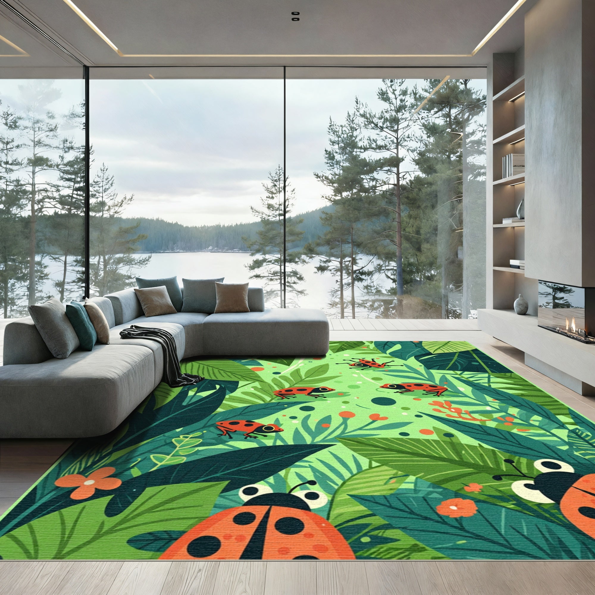 Jungle Leaf Red Frog Ladybug Scene Rug