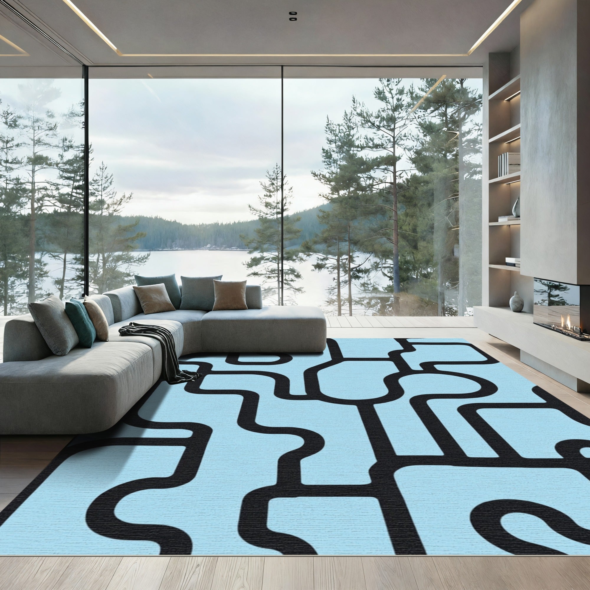 Black And Blue Organic Maze Rug