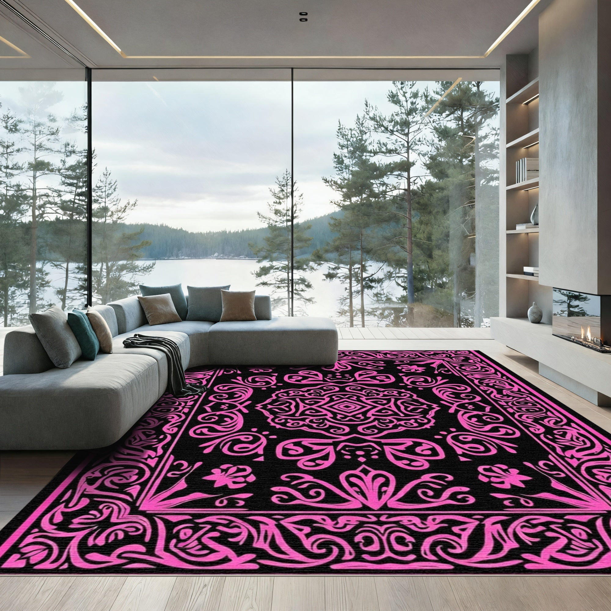 Hot Pink Floral Intricate Mandala Rug