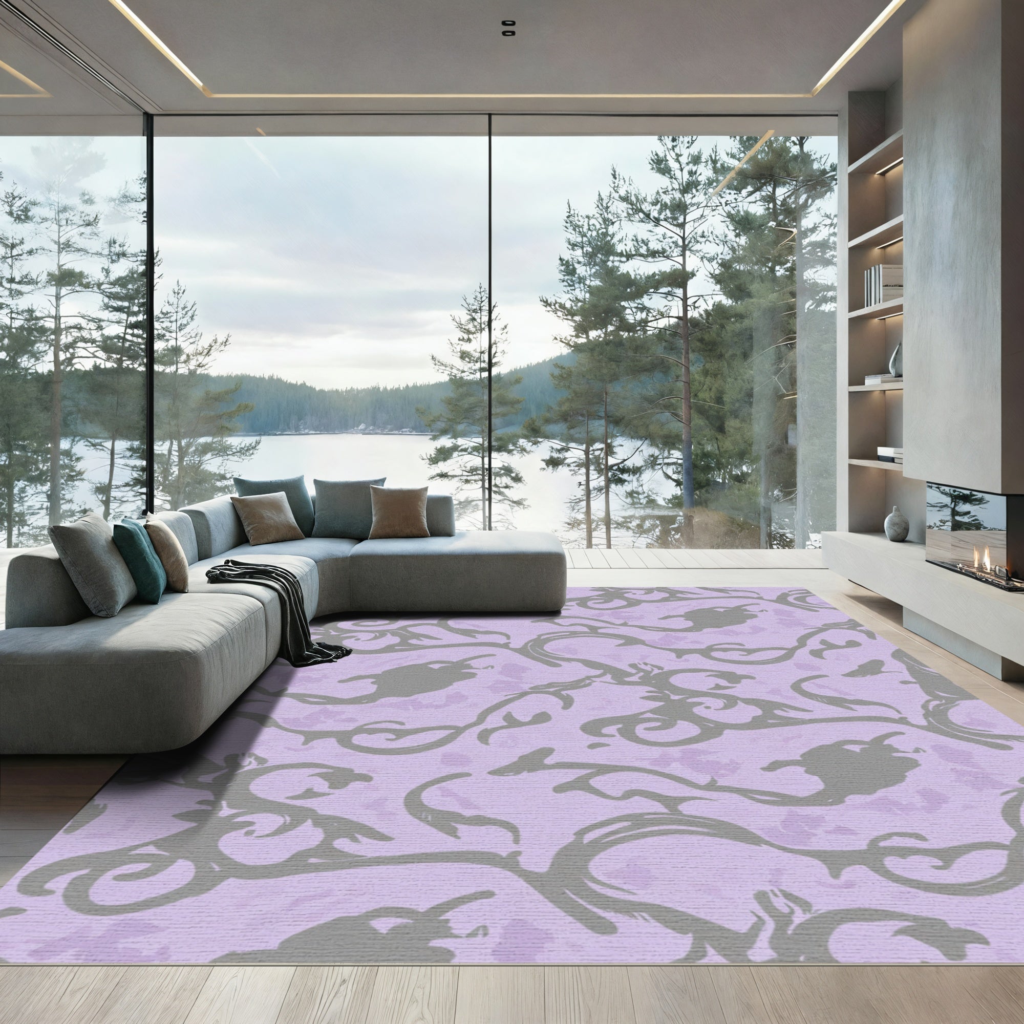 Lilac Grey Floral Scroll Swirl Rug