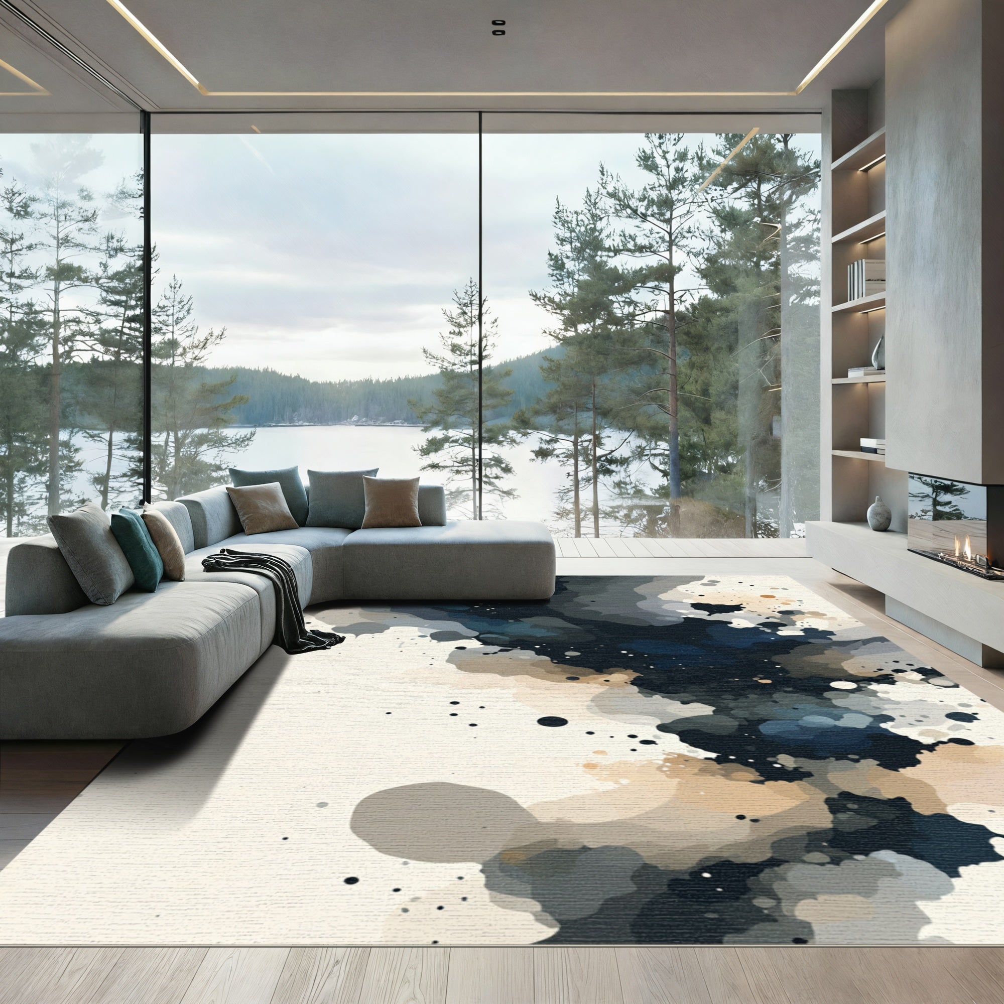 Navy Blue Abstract Ink Wash Rug