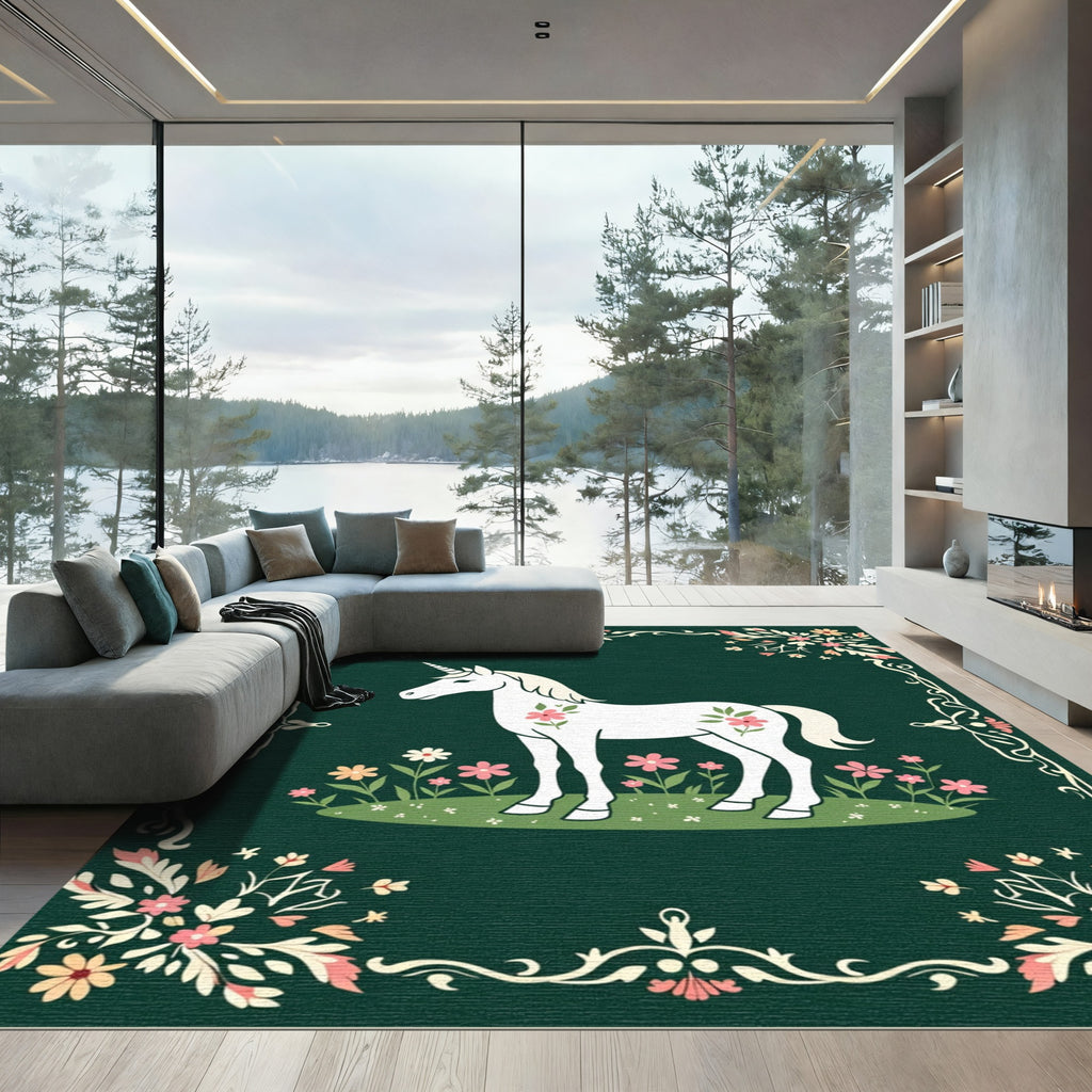 Whimsical Unicorn Floral Emerald Meadow Rug
