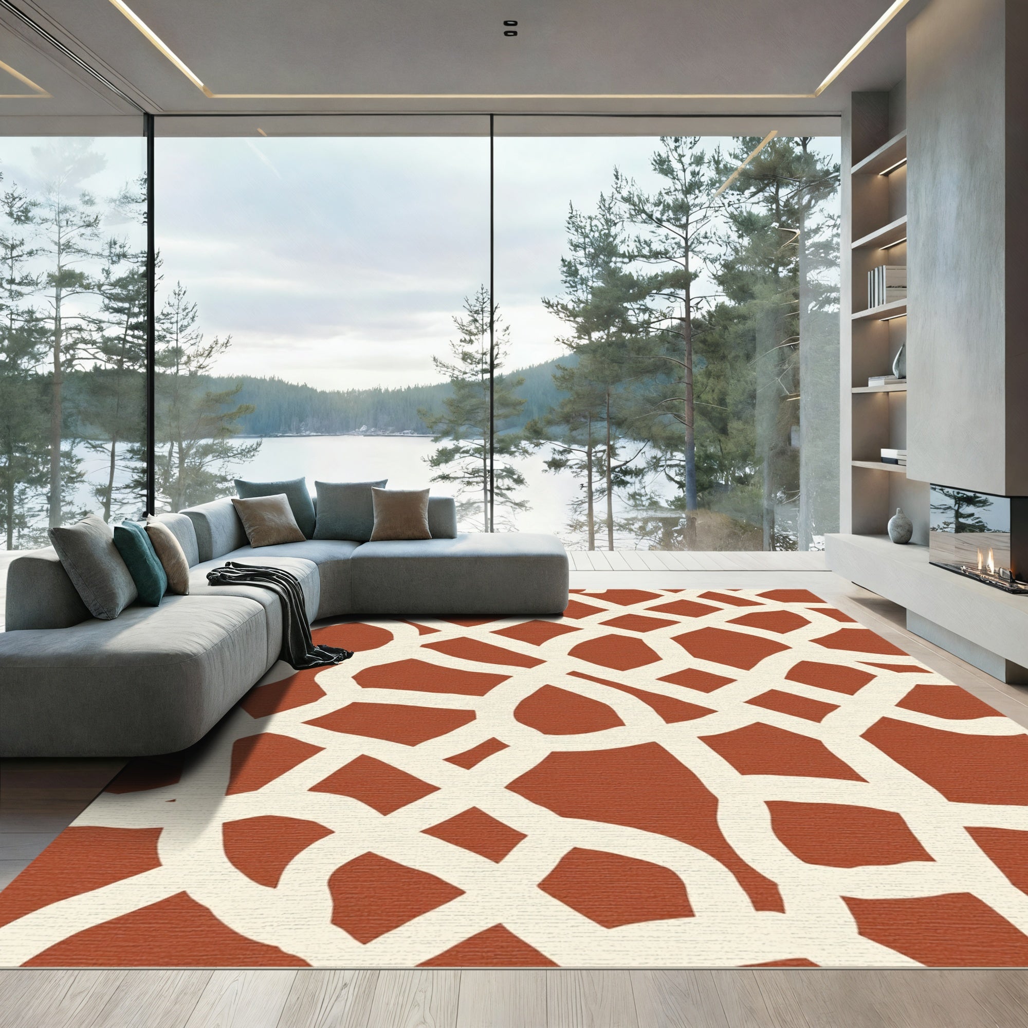 Burnt Orange White Interlocking Lattice Rug