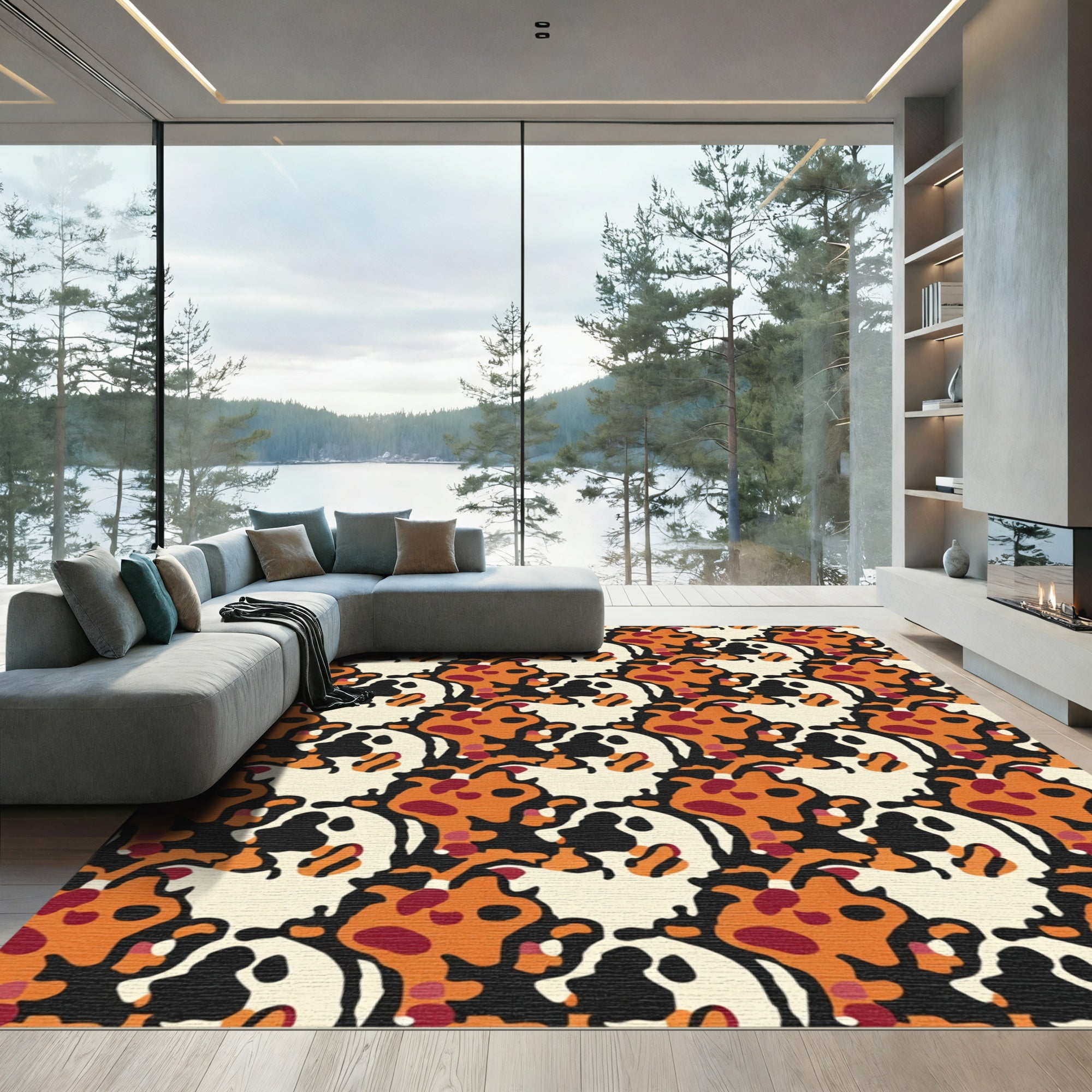 Abstract Orange Black Cream Spots Rug