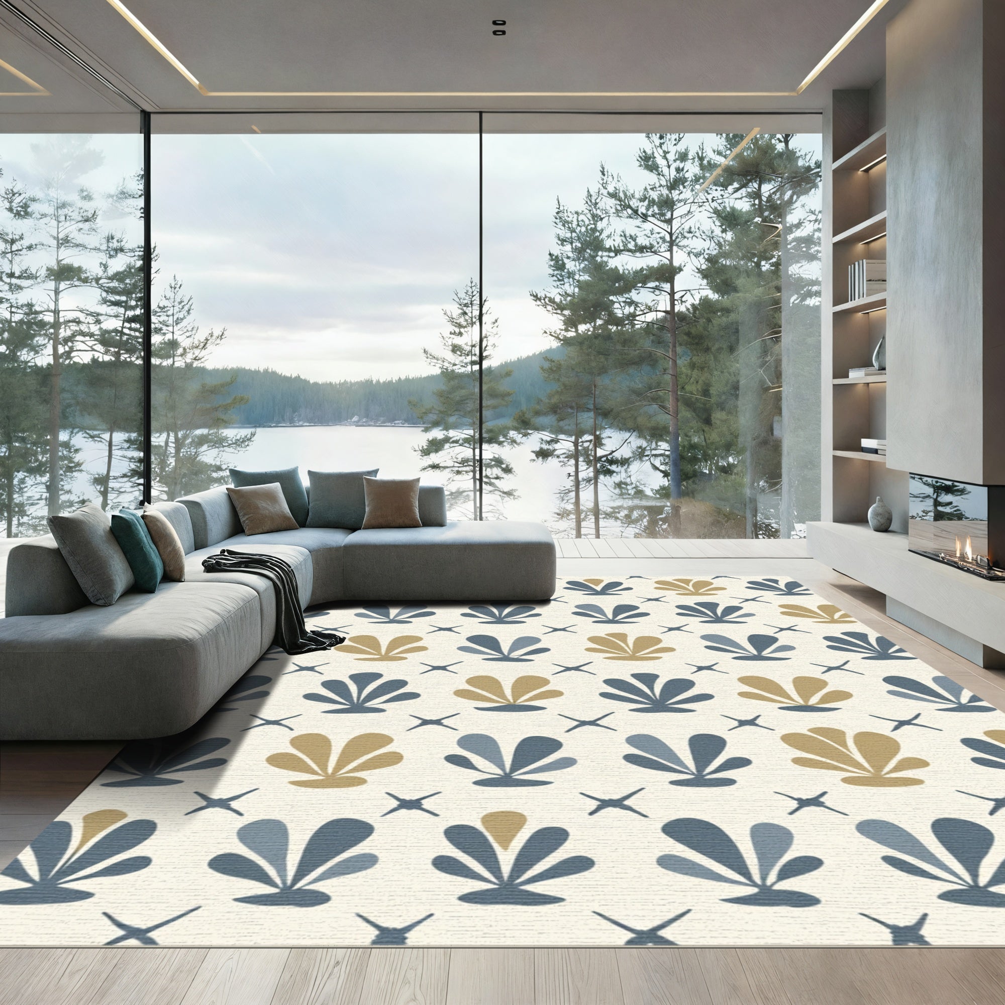 Soft Shells Khaki Blue Grid Rug