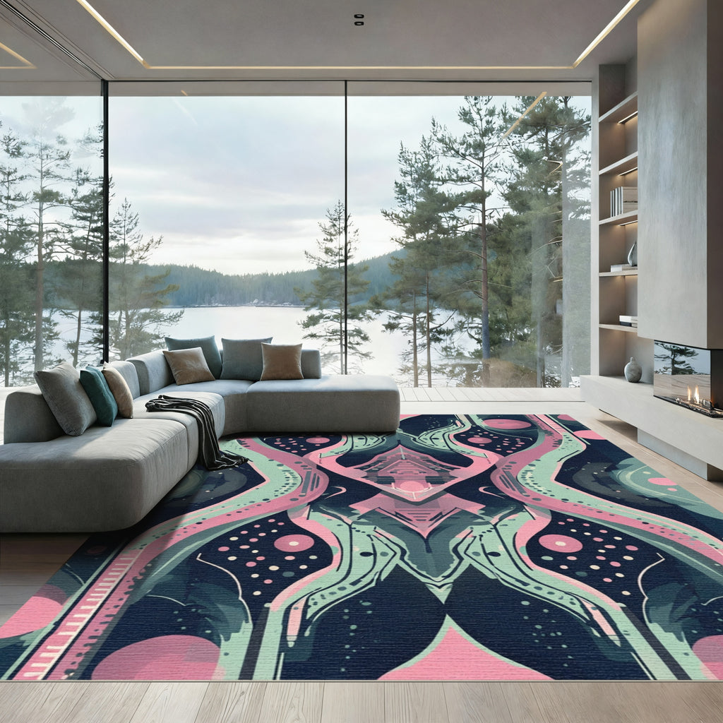 Whimsical Pink Teal Abstract Symmetry Rug