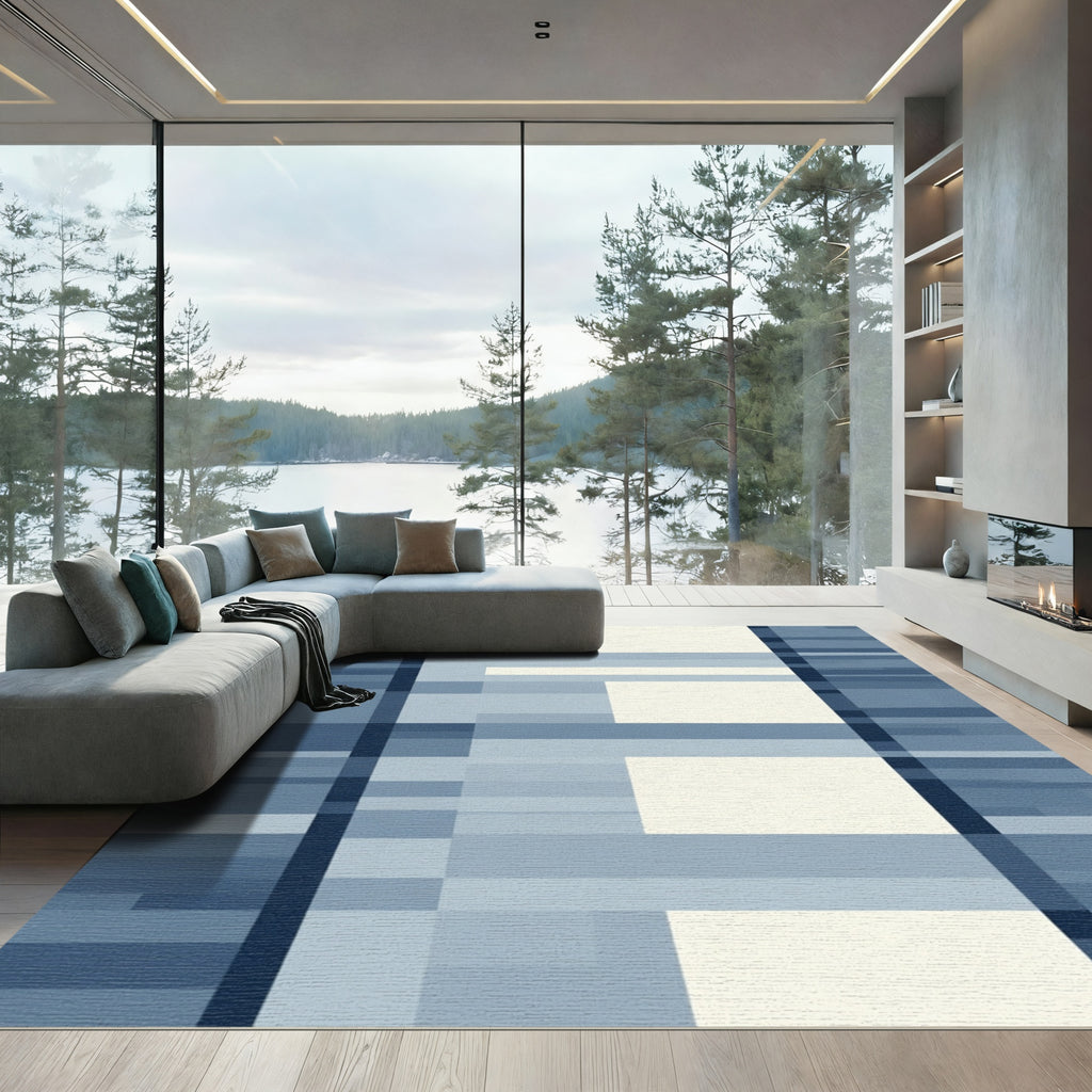 Deep Blue Cream Geometric Blocks Rug