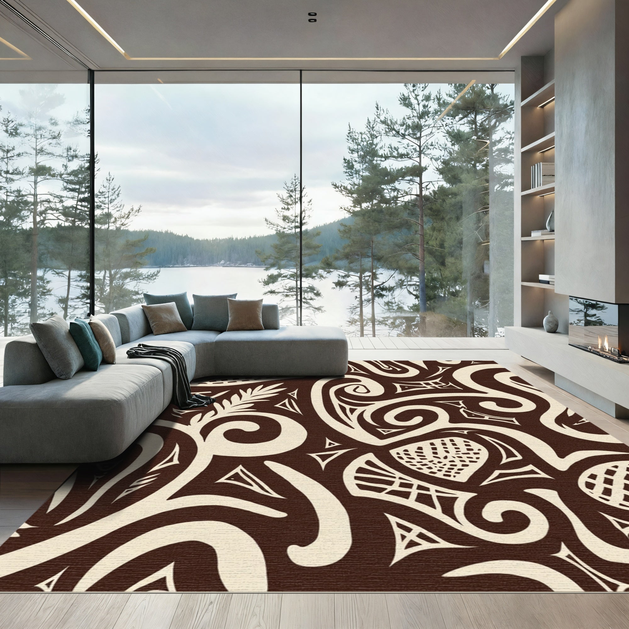 Brown Cream Swirl Tribal Abstract Rug