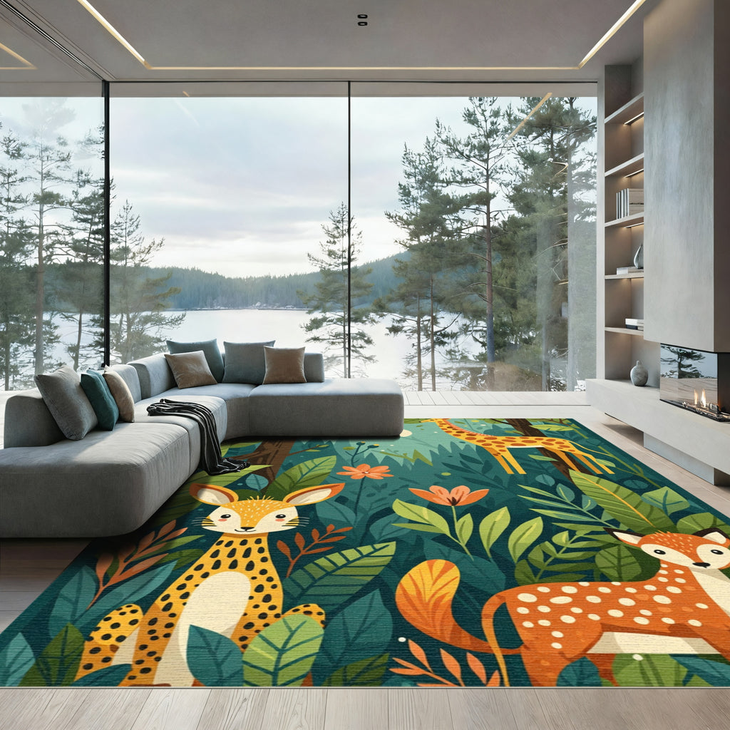Whimsical Forest Animals Orange Flower Rug