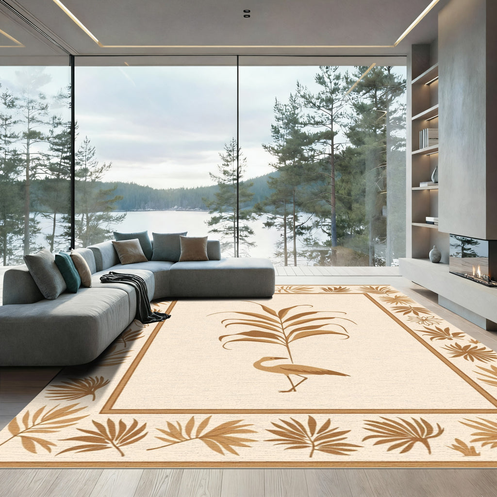 Golden Crane Tropical Leaf Border Rug