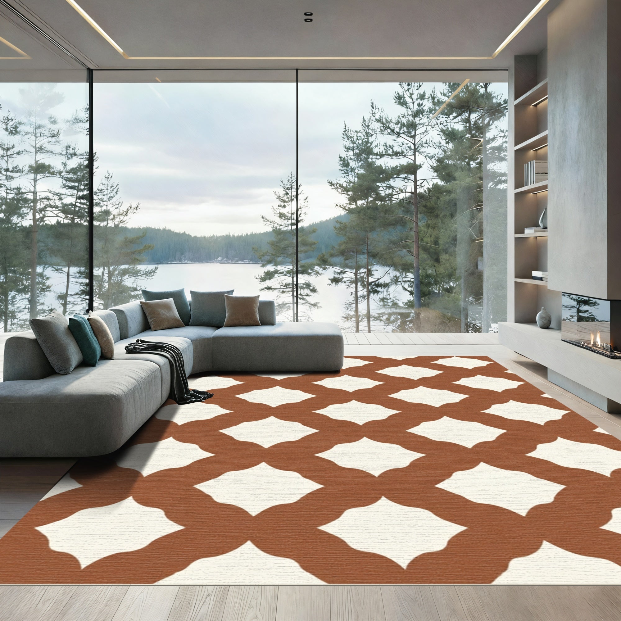 Earthy Ochre Lattice Diamond Rug