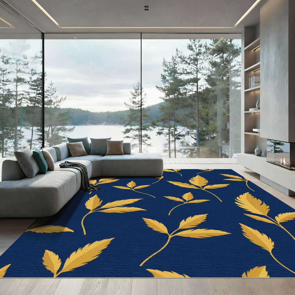 Golden Leaf Branches Navy Background Rug