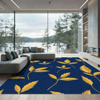 Golden Leaf Branches Navy Background Rug