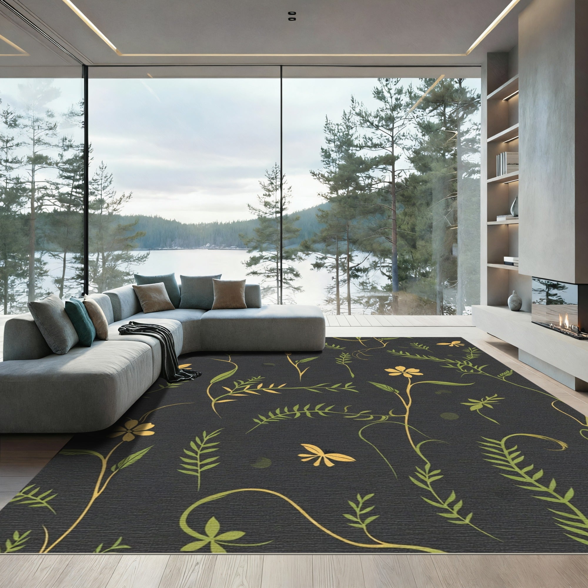Golden Floral Garden Whimsical Rug