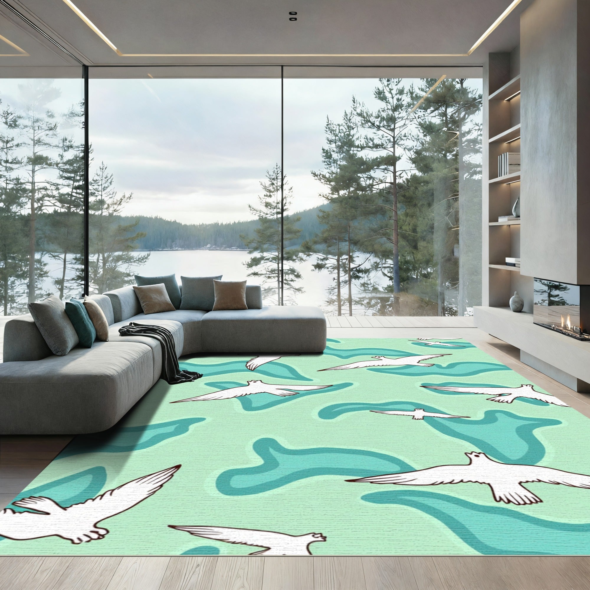 White Birds Amidst Teal Camouflage Flow Rug