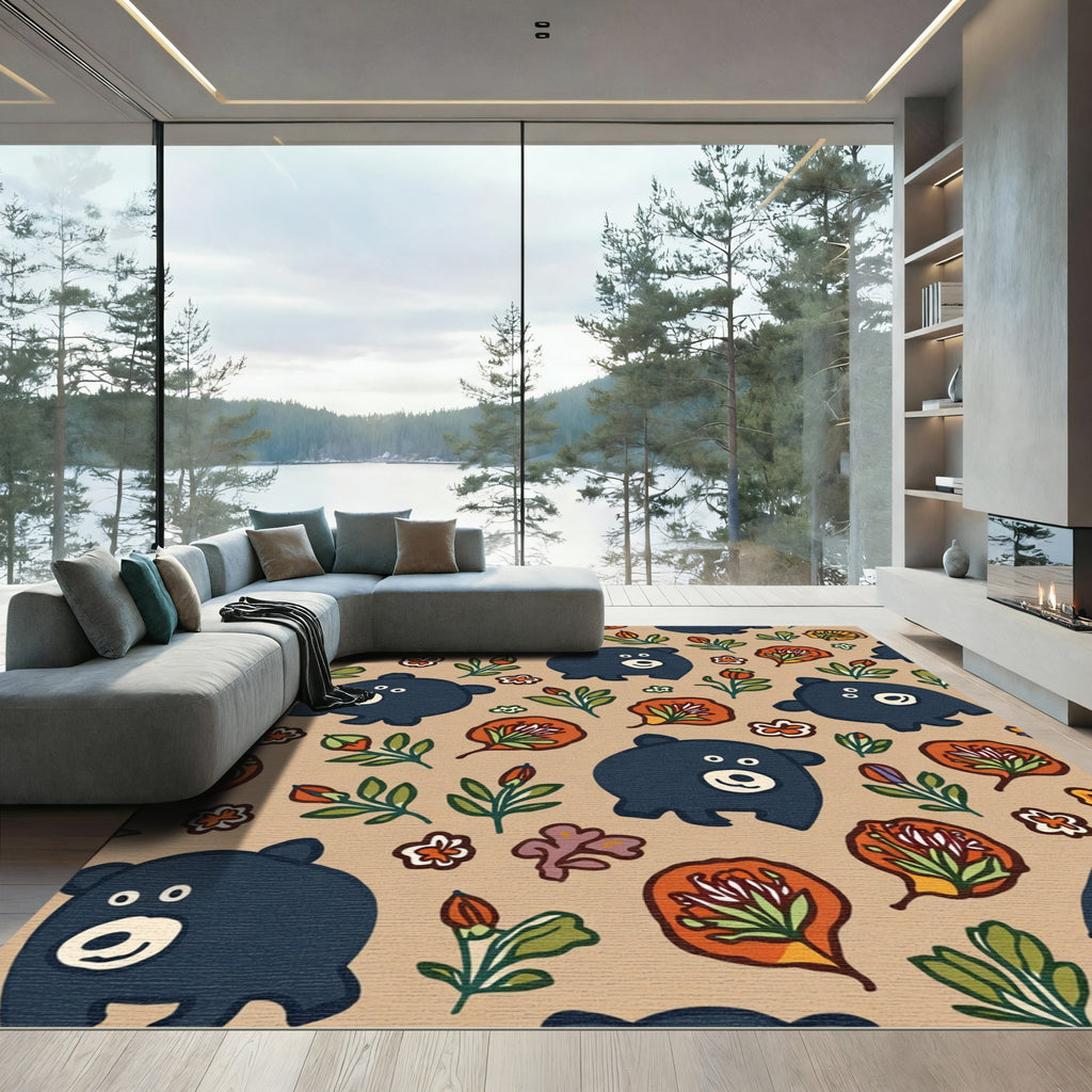 Whimsical Black Bear Floral Field Rug